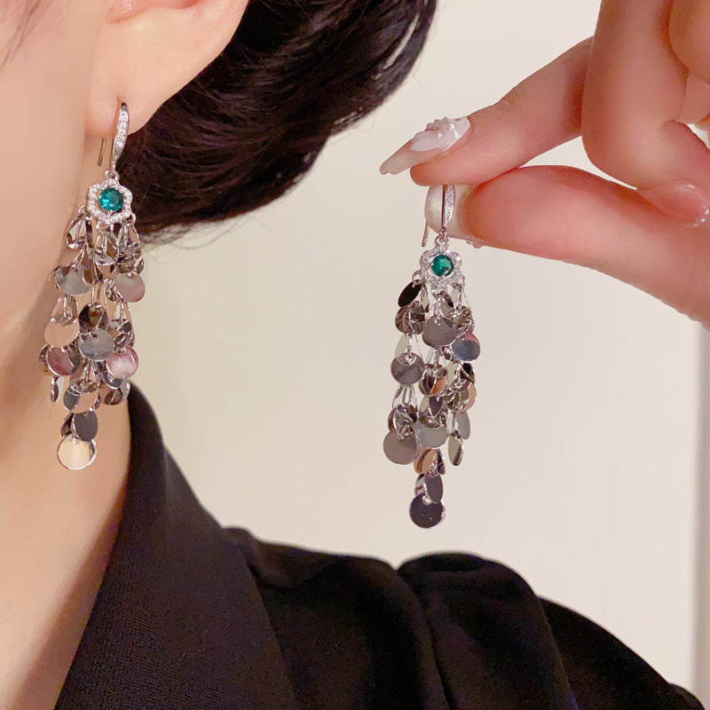 Luxury Zircon Petal Metal Disc Tassel Drop Earrings – Elegant Design