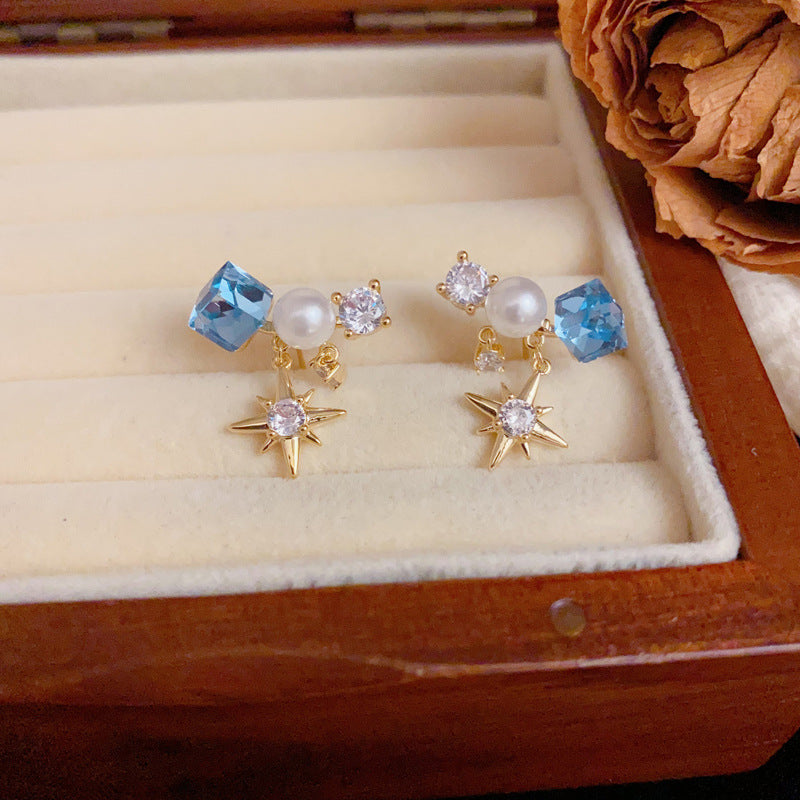 Luxury Blue Sugar Cube Crystal Star Drop Earrings – Star-Shaped Design