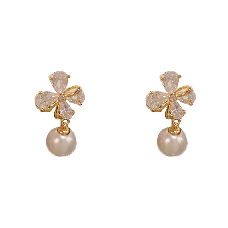 Elegant Four-Leaf Flower Pearl Drop Earrings – Gentle Floral Design