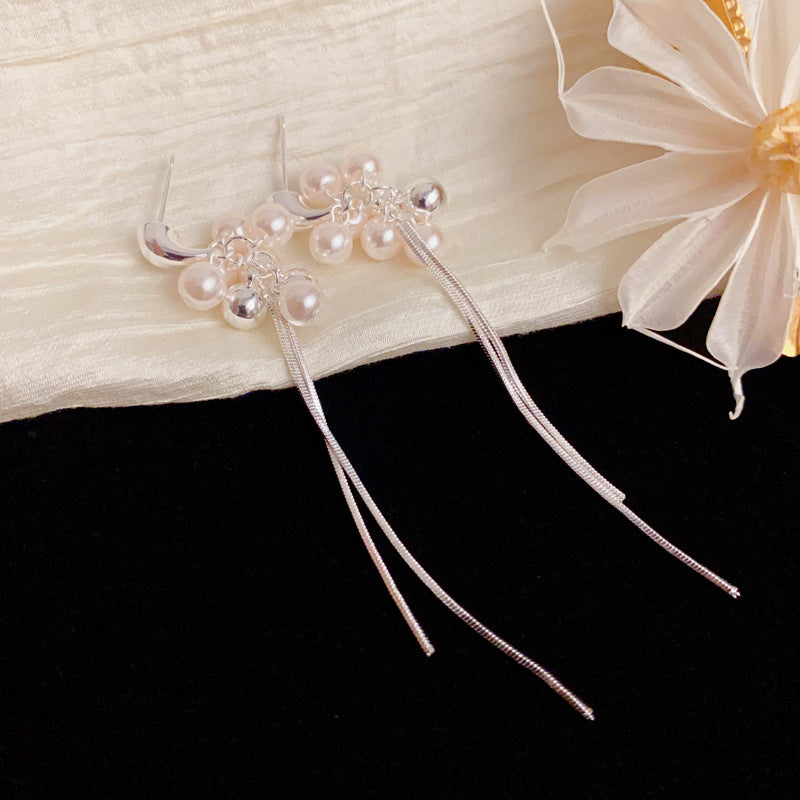 Luxury Silver Teardrop Pearl Tassel Drop Earrings – Elegant Design