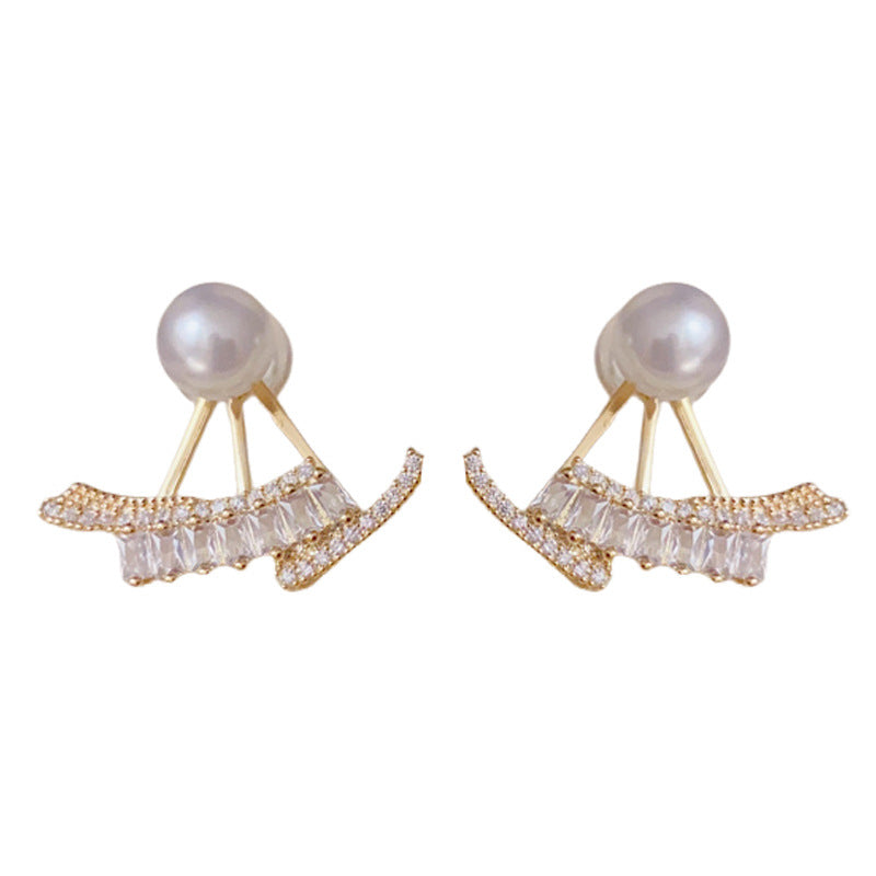 14K Gold Minimalist Pearl Fan-Shaped Front-Back Earrings – Elegant