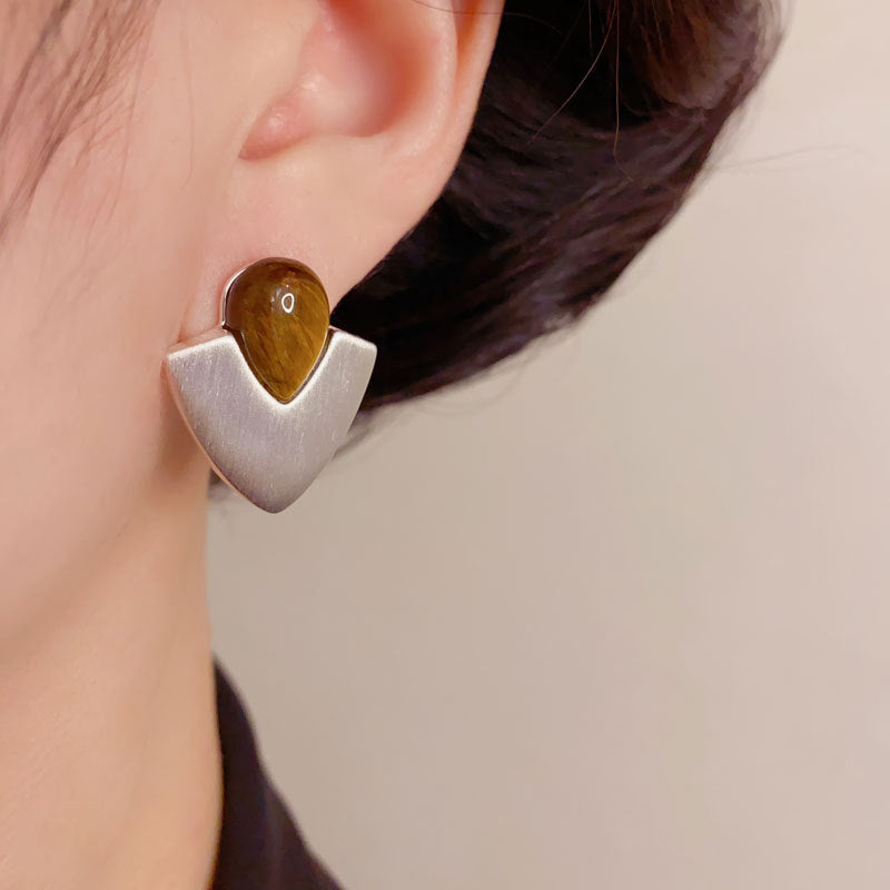 Elegant Tiger's Eye Silver Geometric Stud Earrings – Minimalist Design