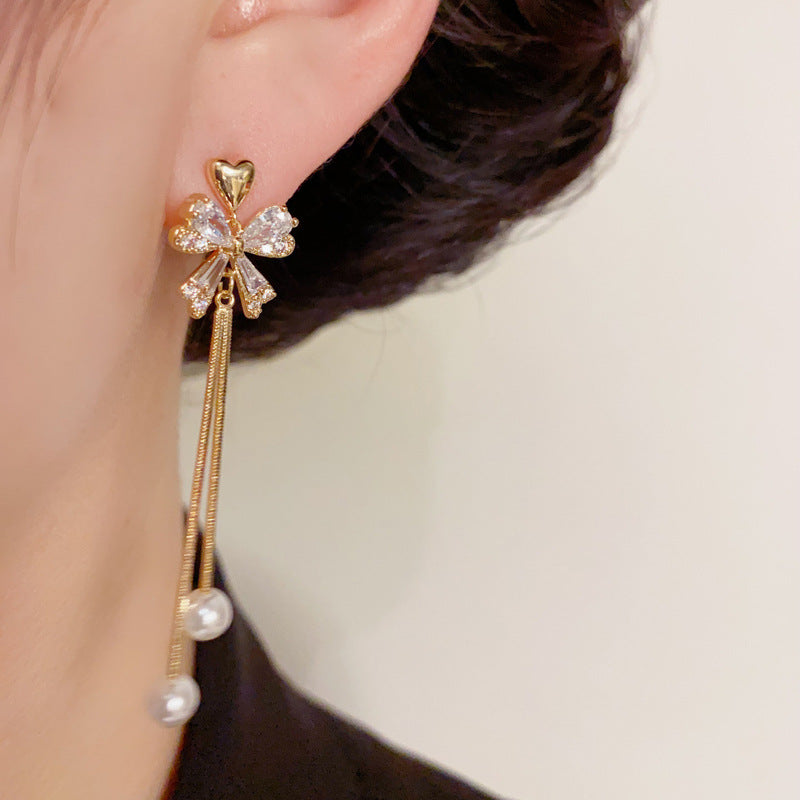 14K Gold-Plated Heart Zircon Bow Tassel Earrings – Elegance Design