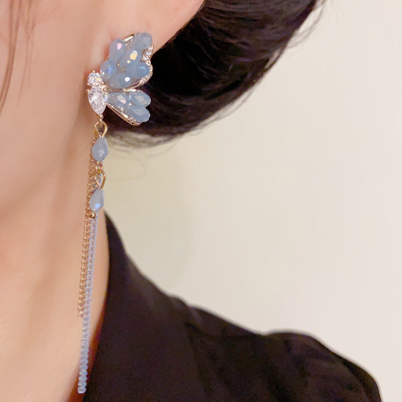 Luxury Crystal Butterfly Chain Tassel Drop Earrings – Elegant Design