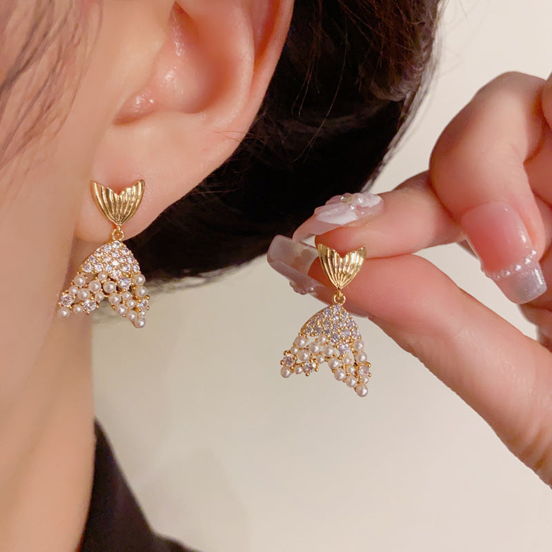 Luxury Zircon & Pearl Fishtail Drop Gold Earrings – Elegant Design
