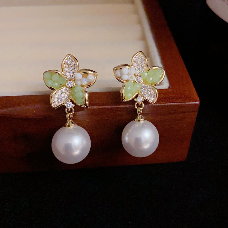 14K Gold-Plated Green Petal Pearl Drop Earrings – Chic Floral Design