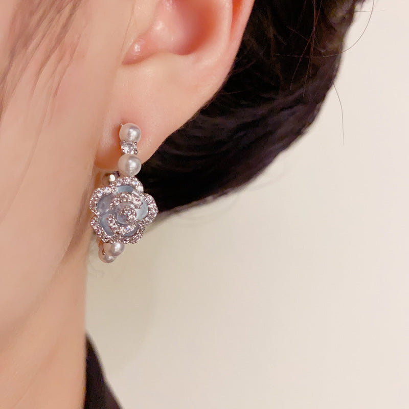 Elegant Zircon Camellia & Pearl Hoop Earrings – Floral Design