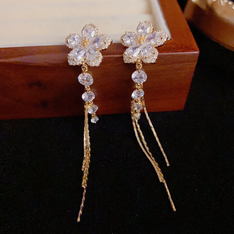 Luxury Zircon Flower Long Tassel Drop Gold Earrings – Floral Design