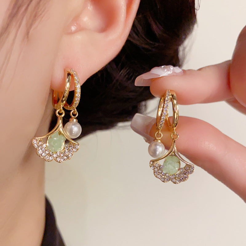 14K Gold-Plated Green Ginkgo Leaf Zircon Earrings – Elegant Design