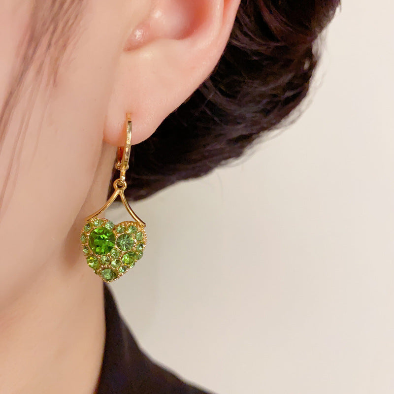 14K Gold-Plated Green Zircon Heart Tassel Earrings– Elegant Chic Style