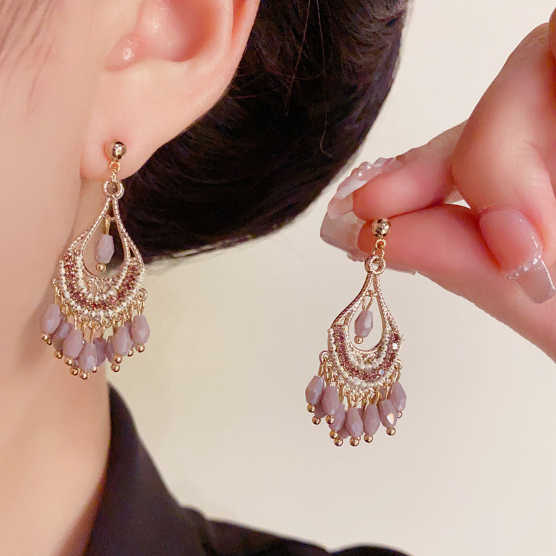 Luxury Teardrop Beaded Tassel Drop Gold Earrings – Elegant Design
