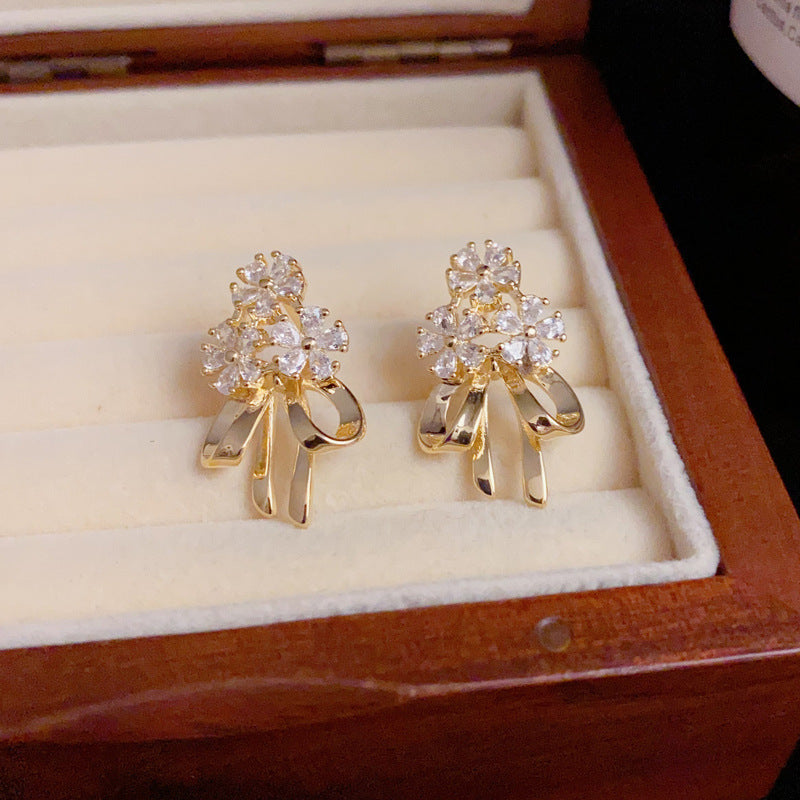 14K Gold-Plated Zircon Flower Bow Drop Earrings – Elegant Design