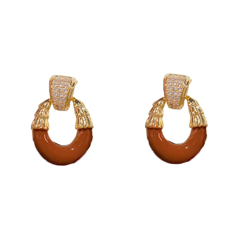 Luxury Zircon Enamel Oval Stud Earrings – Geometric Design