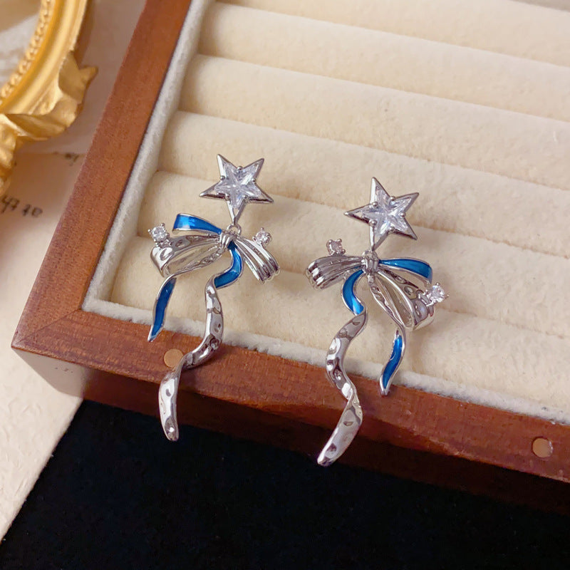 Elegant Zircon Star Bow Ribbon Tassel Drop Earrings – French Design