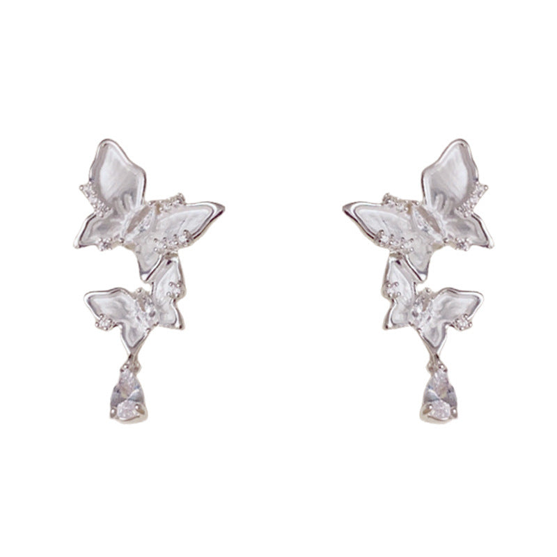 Silver French-Style Zircon Butterfly Tassel Earrings – Elegant Design