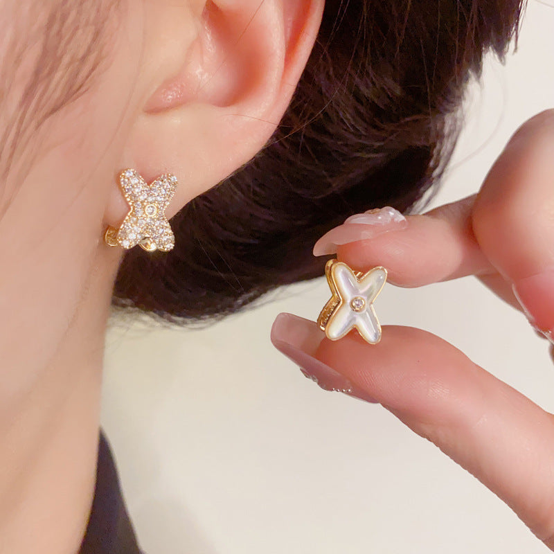 14K Gold Zircon & Mother-of-Pearl Cross Earrings – Elegant Design