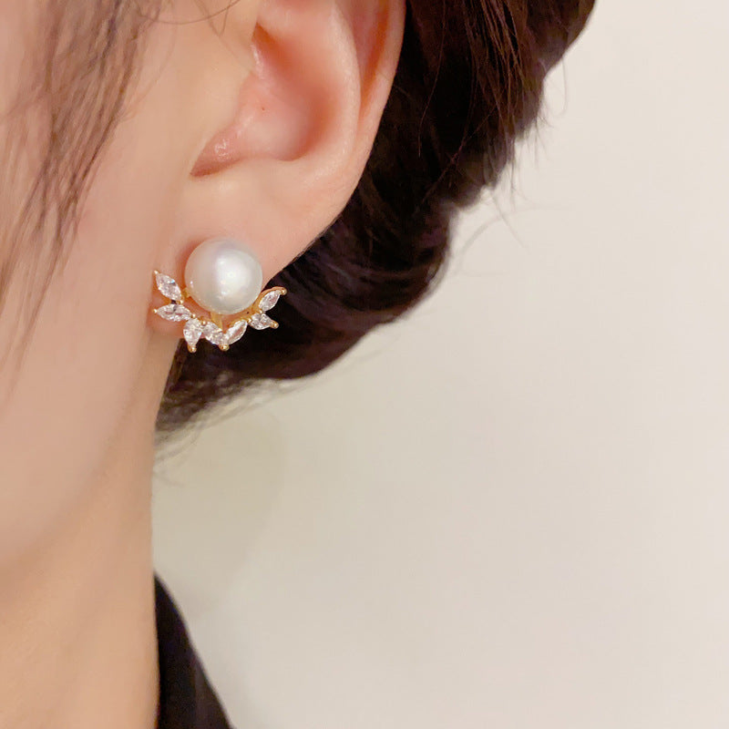 14K Gold-Plated Zircon Leaf Pearl Stud Earrings - Elegant Design