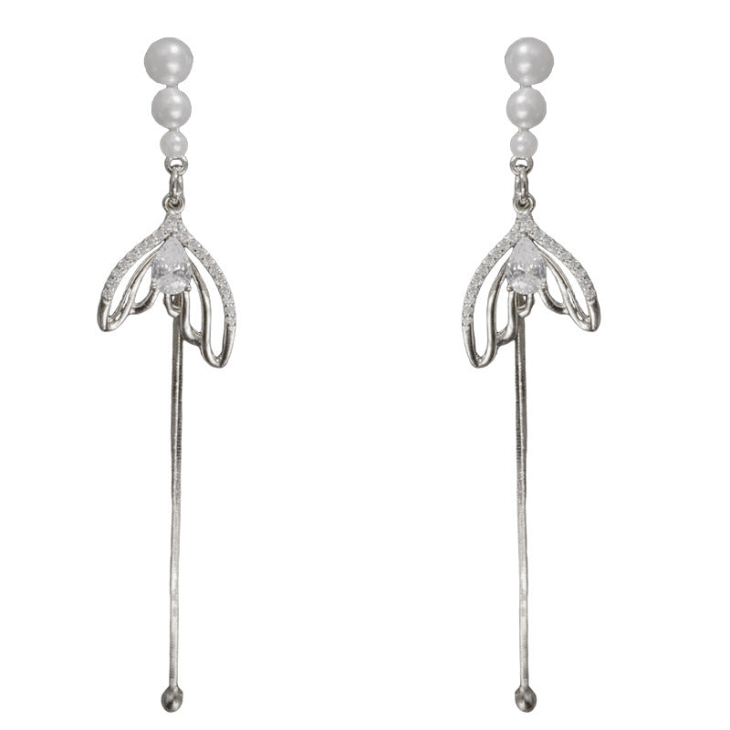 14K Gold-Plated Pearl Zircon Fish Tail Tassel Earrings –Elegant Design