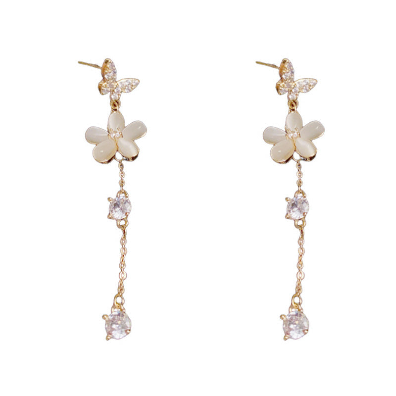Luxury Zircon Cat's Eye & Flower Tassel Drop Earrings – Elegant Design