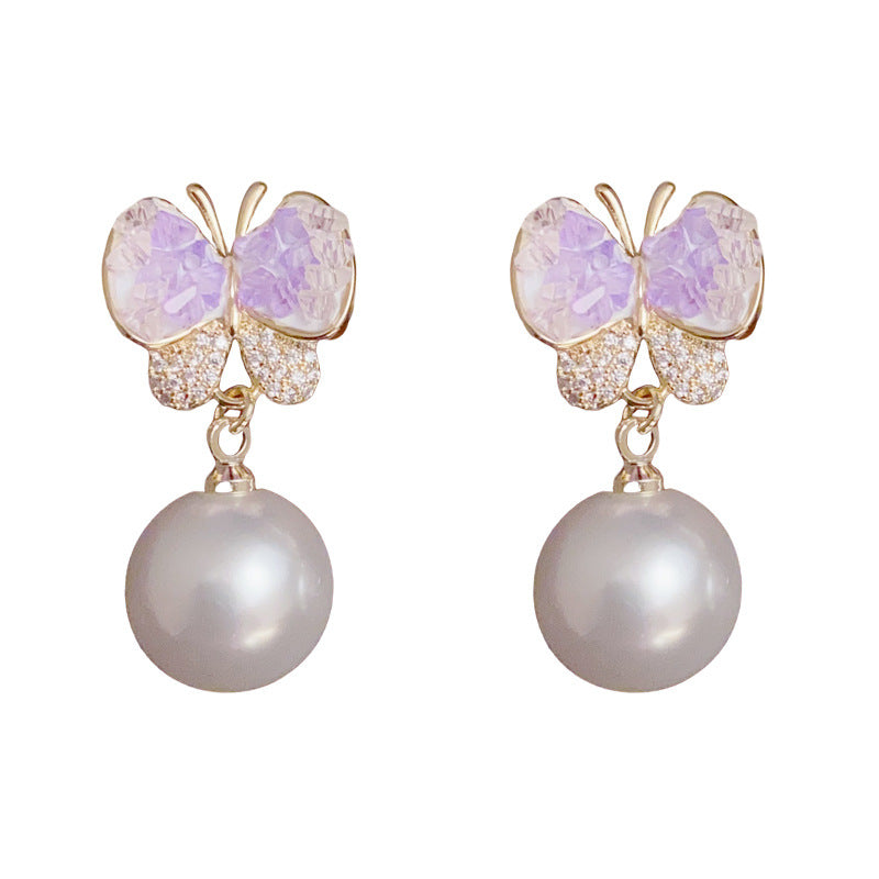 14K Gold Amethyst Butterfly Pearl Drop Earrings – Elegant Chic Design