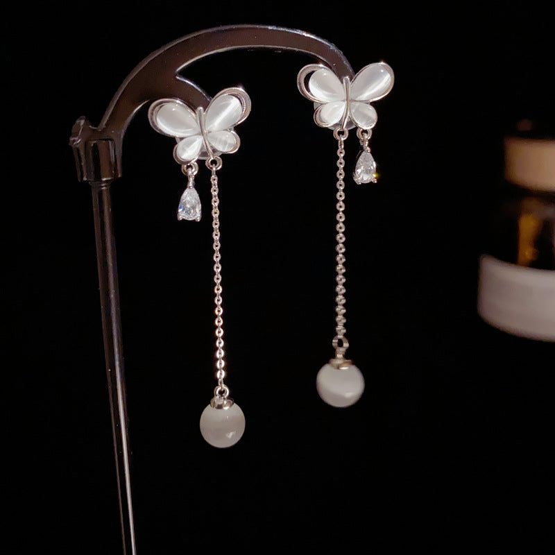 14K Gold-Plated Cat's Eye Butterfly Tassel Earrings – Elegant Design