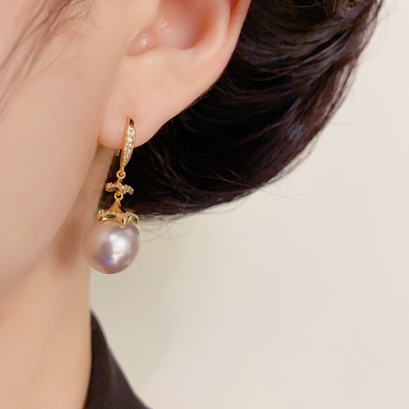 14K Gold Zircon Pearl Drop Earrings – Elegant French Chic Design