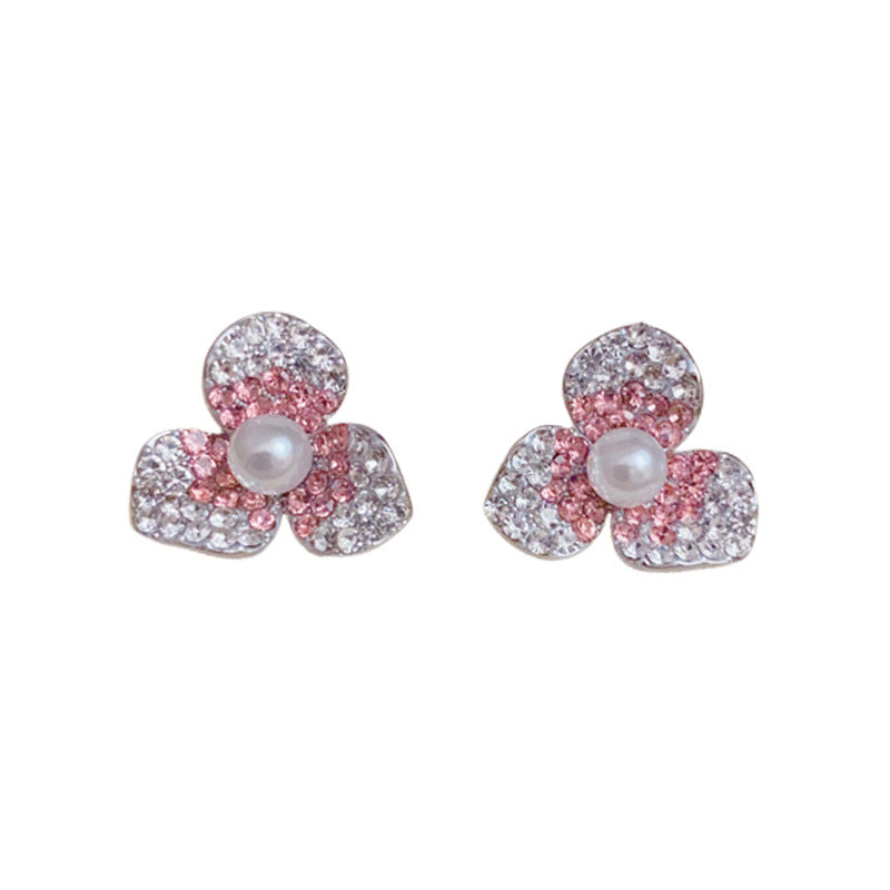Zircon Gradient Three-Leaf Flower Stud Earrings – S925 Silver Needle