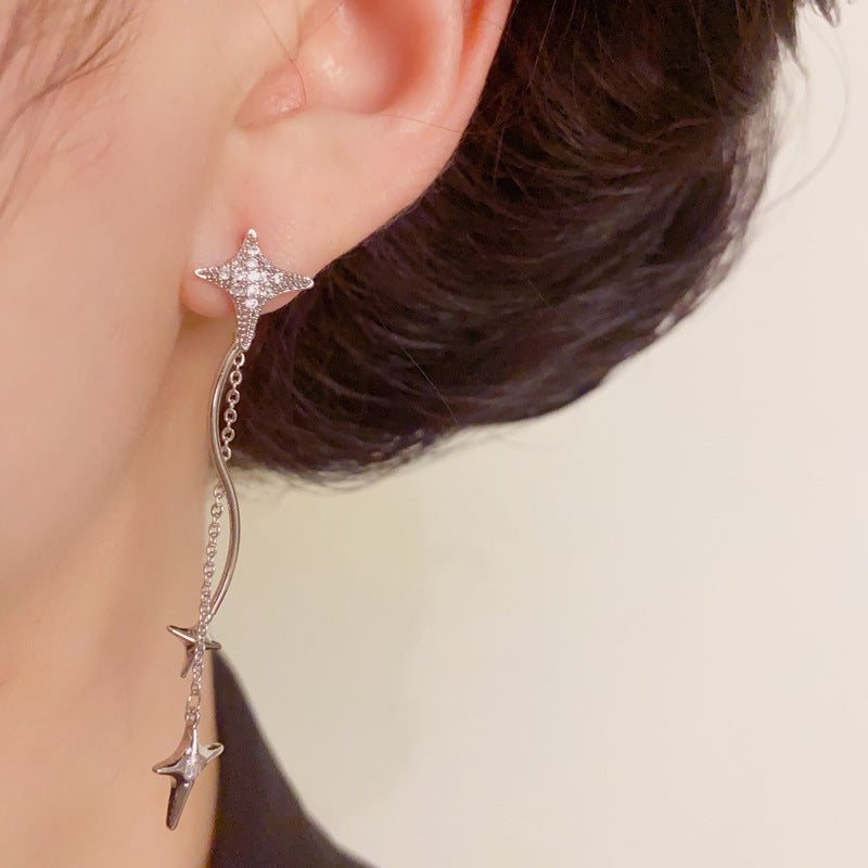 Luxury Full-Zircon Star Long Tassel Drop Earrings – S925 Silver Needle