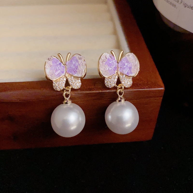 14K Gold Amethyst Butterfly Pearl Drop Earrings – Elegant Chic Design