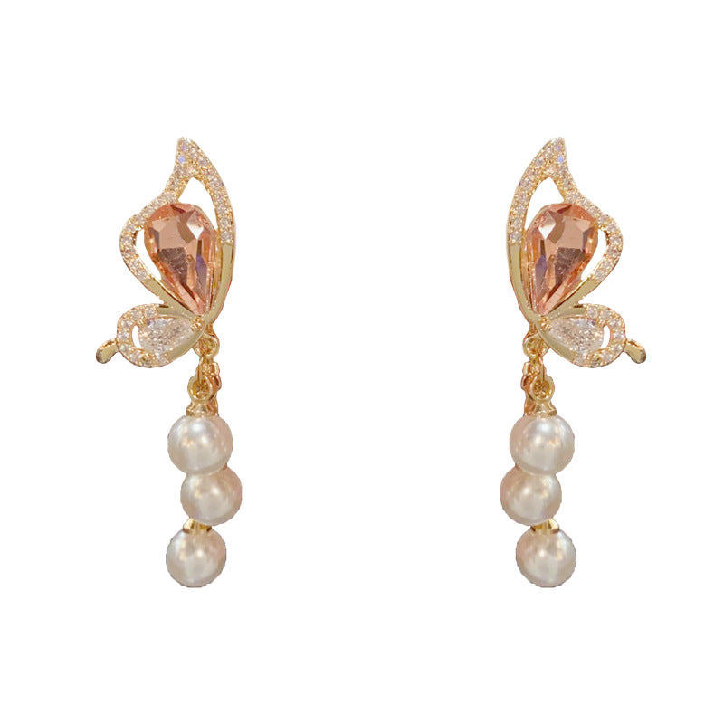 Luxury Butterfly & Pearl Tassel Drop Earrings – Elegant Design