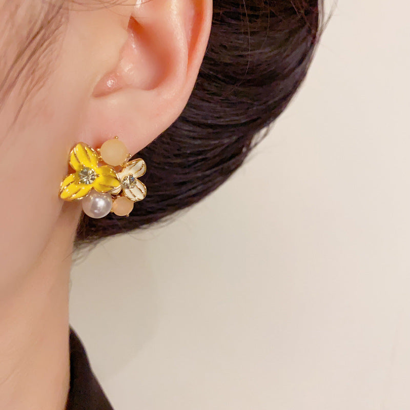 14K Gold-Plated Yellow Flower Pearl Stud Earrings – Minimalist Design