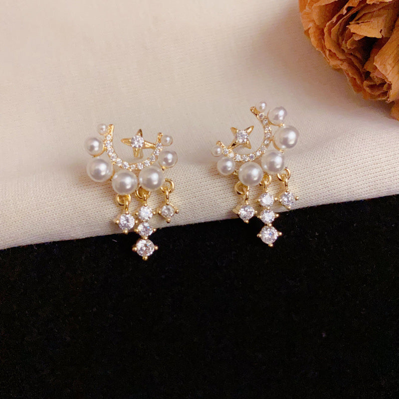 Luxury Zircon Star-Shaped & Pearl Tassel Drop Earrings– Elegant Design