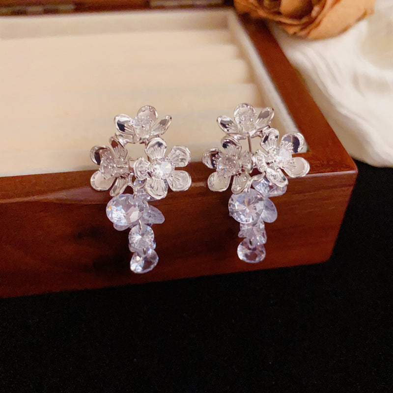 Luxury Metal Petal & Crystal Grape Tassel Drop Earrings –Floral Design