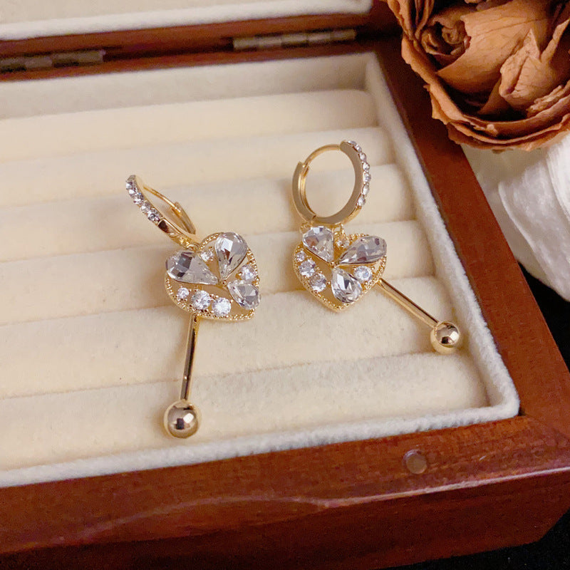 Luxury Full-Zircon Heart Tassel Drop Gold Earrings – Geometric Design