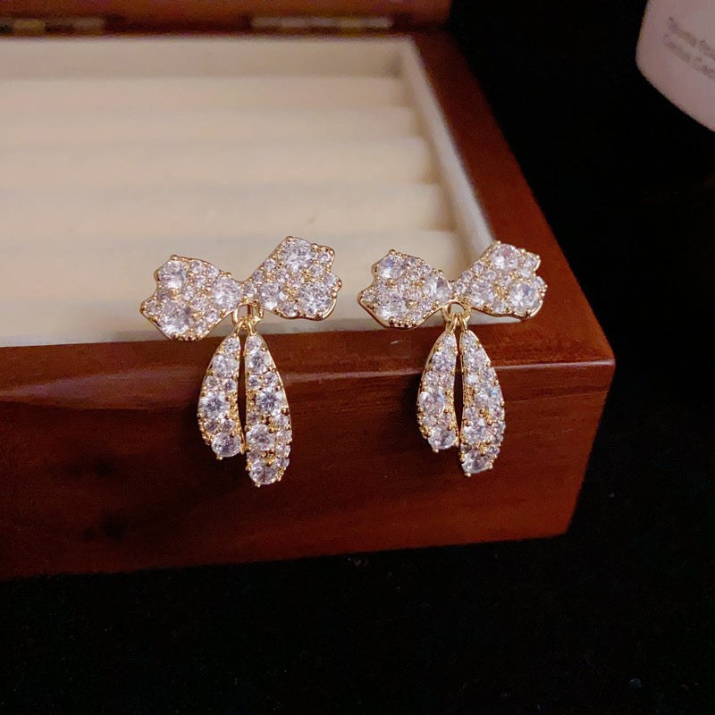 14K Gold-Plated Full Zircon Bow Drop Earrings –Delicate Sparkle Design