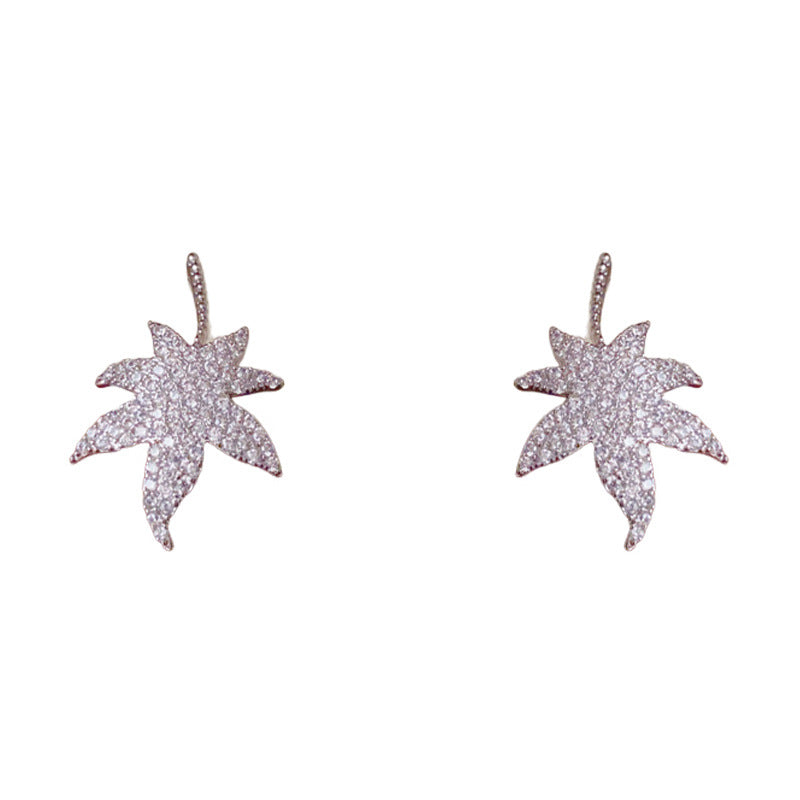Luxury Full-Zircon Maple Leaf Stud Earrings – Elegant Design