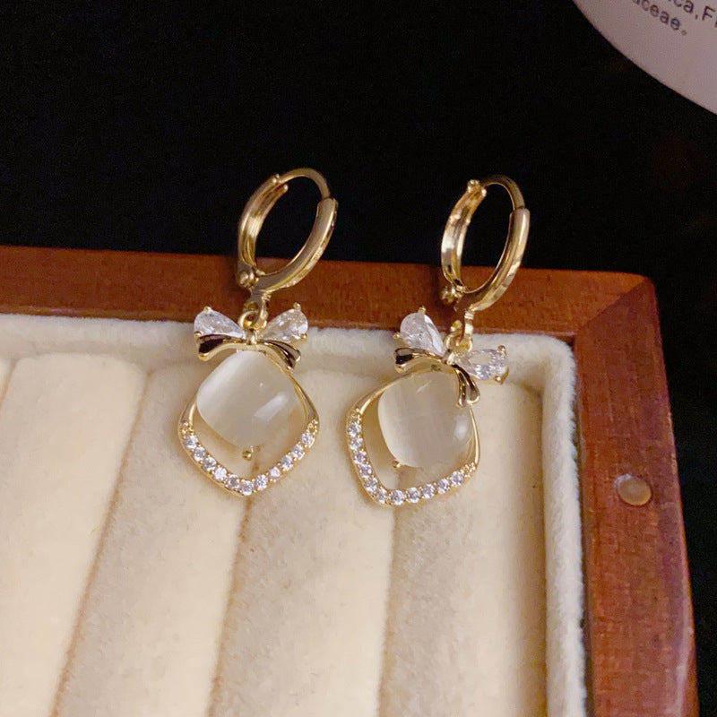 14K Gold Butterfly Bow Cat’s Eye Diamond Hoop Earrings– Elegant Design