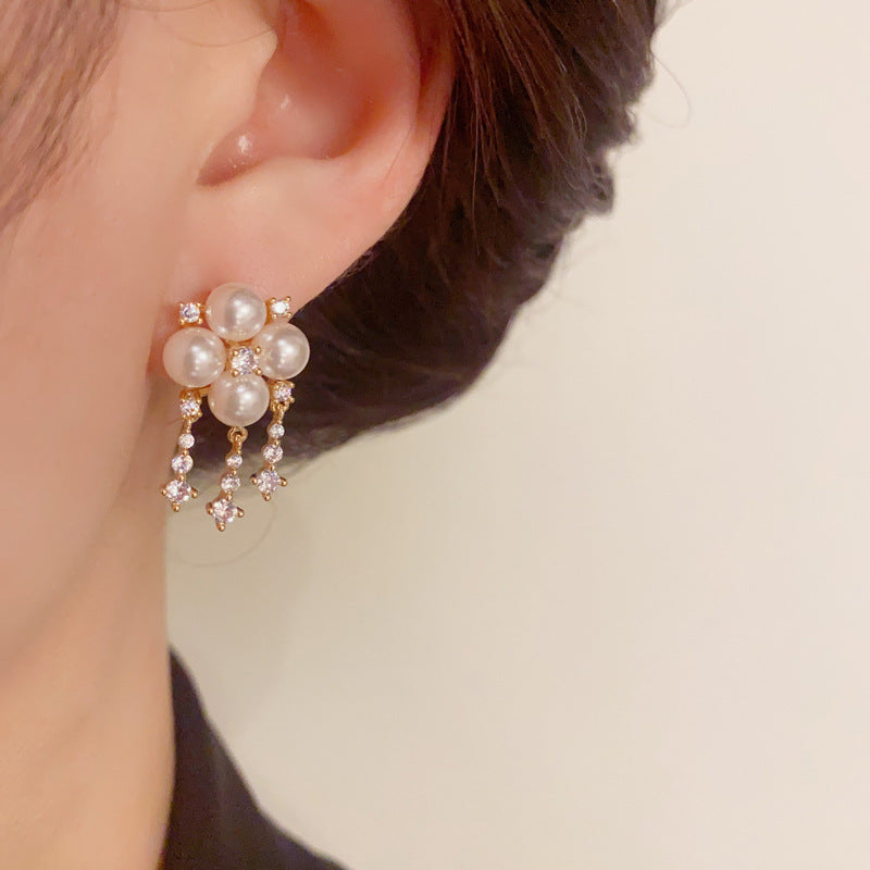 14K Gold-Plated Pearl Clover Tassel Earrings - Elegant & Chic Design