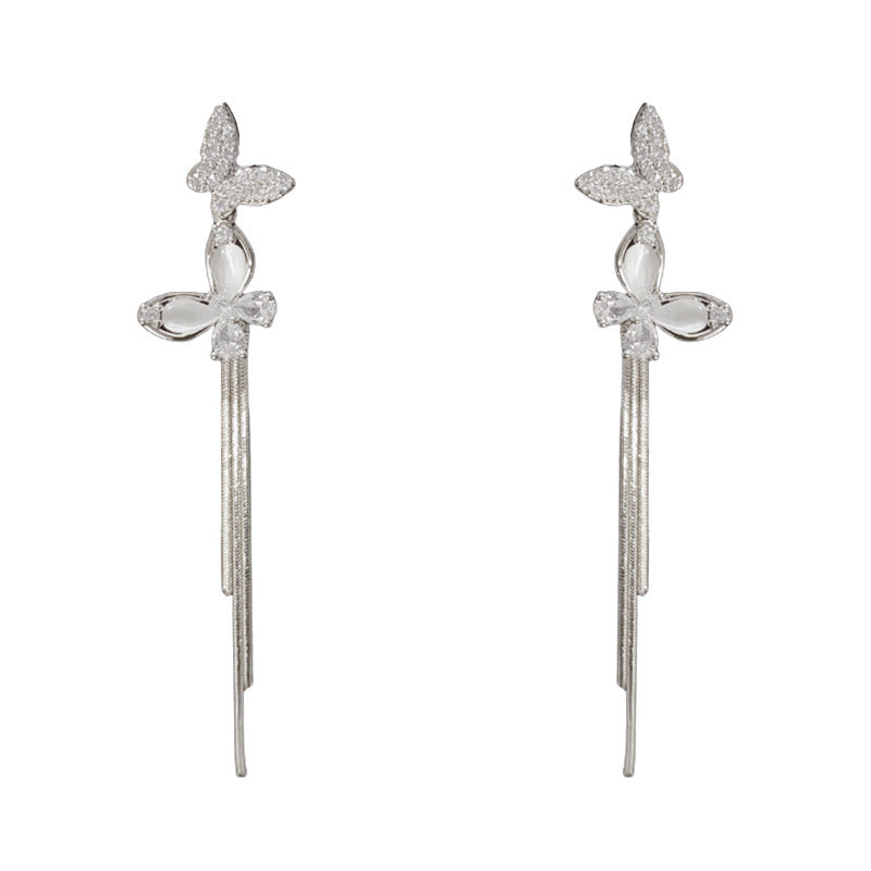 Luxury Butterfly Long Tassel Drop Earrings – Silver Needle Design