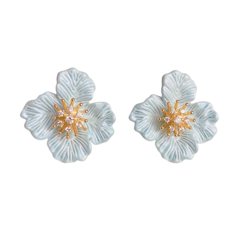 14K Gold-Plated Blue Floral Stud Earrings – Elegant Minimalist Design