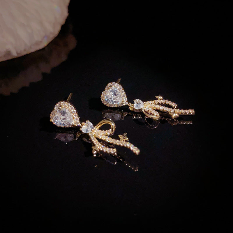 Luxury Full-Zircon Heart & Bow Drop Gold Earrings – Elegant Design