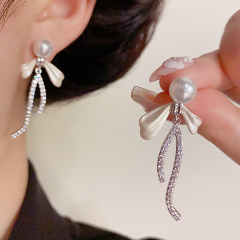 14K Gold-Plated Pearl Bow Drop Earrings – Elegant Feminine Style