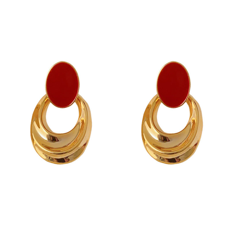 Luxury 18K Red Enamel Oval Drop Earrings – Minimalist Design