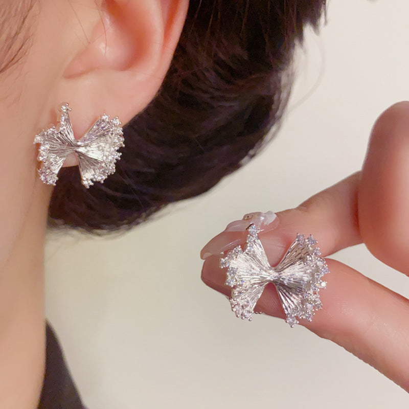 Luxury Pleated Bow-Shaped & Zircon Stud Earrings – Elegant Design