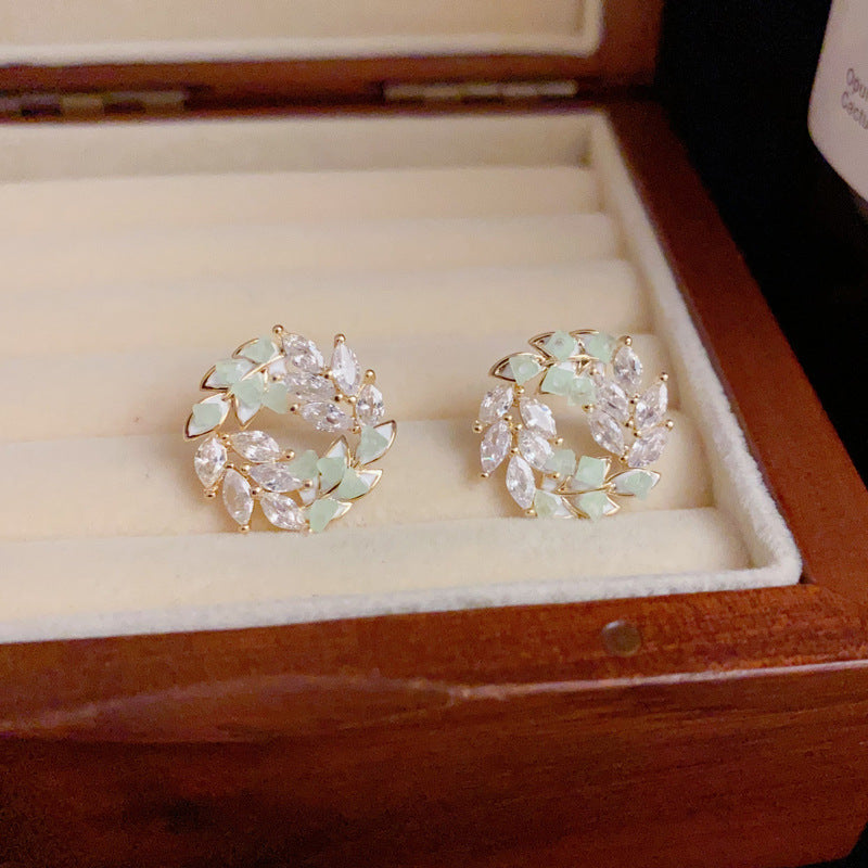 14K Gold-Plated Zircon Leaf Stud Earrings - Minimalist Chic Design