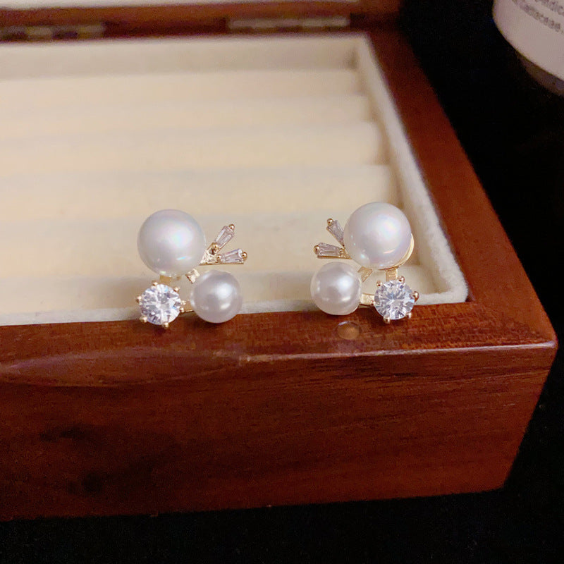 14K Gold Zircon Pearl Geometric Stud Earrings – Elegant Minimalist