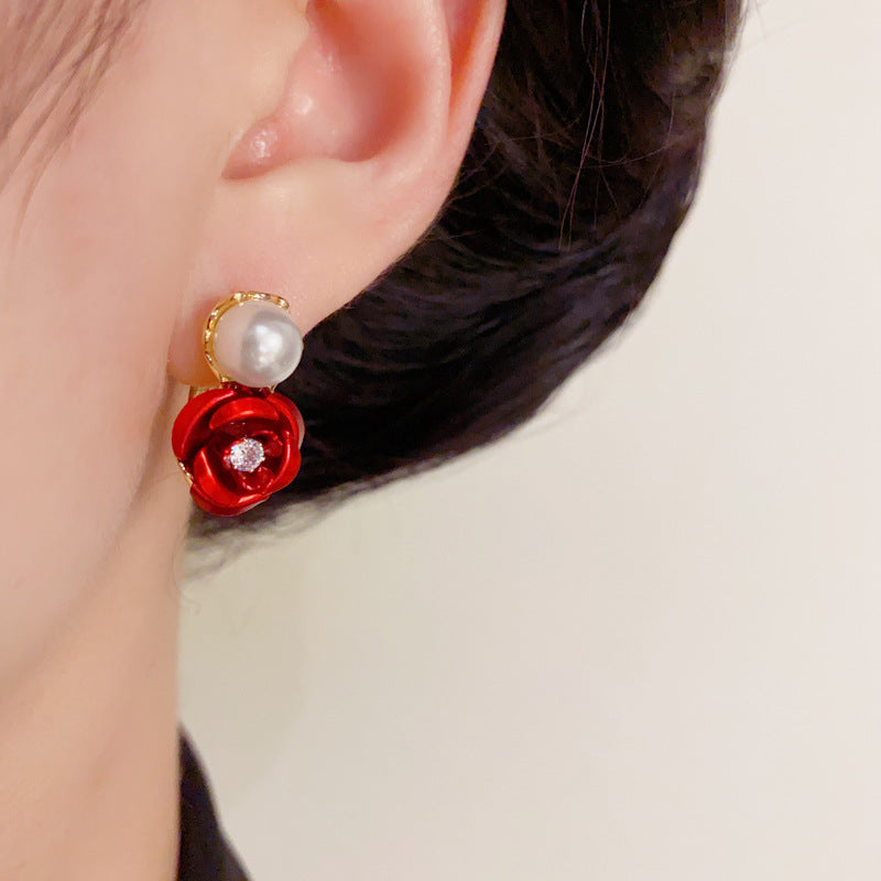 Elegant Pearl Rose Flower Ear Cuff Gold Earrings – Floral Design