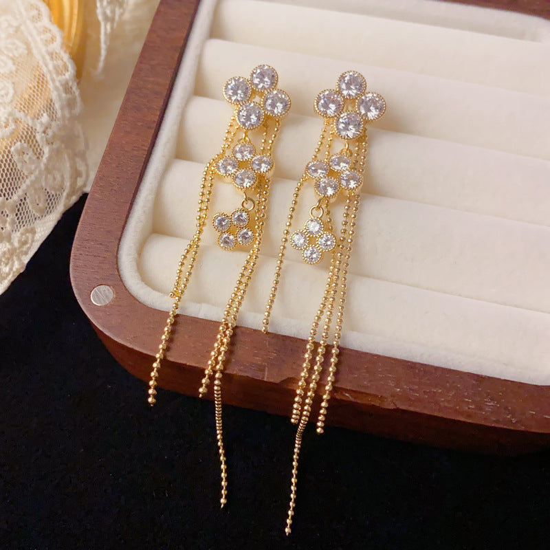 Luxury Four-Leaf Flower Long Tassel Drop Earrings – Sparkle Design
