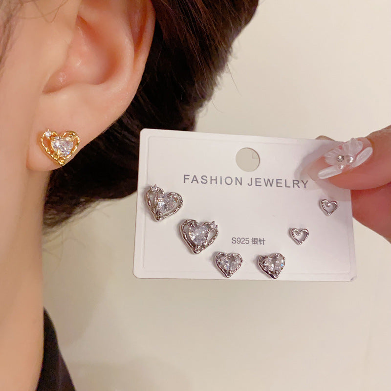 14K Gold-Plated Diamond Heart Three-Piece Stud Earrings-Elegant & Chic