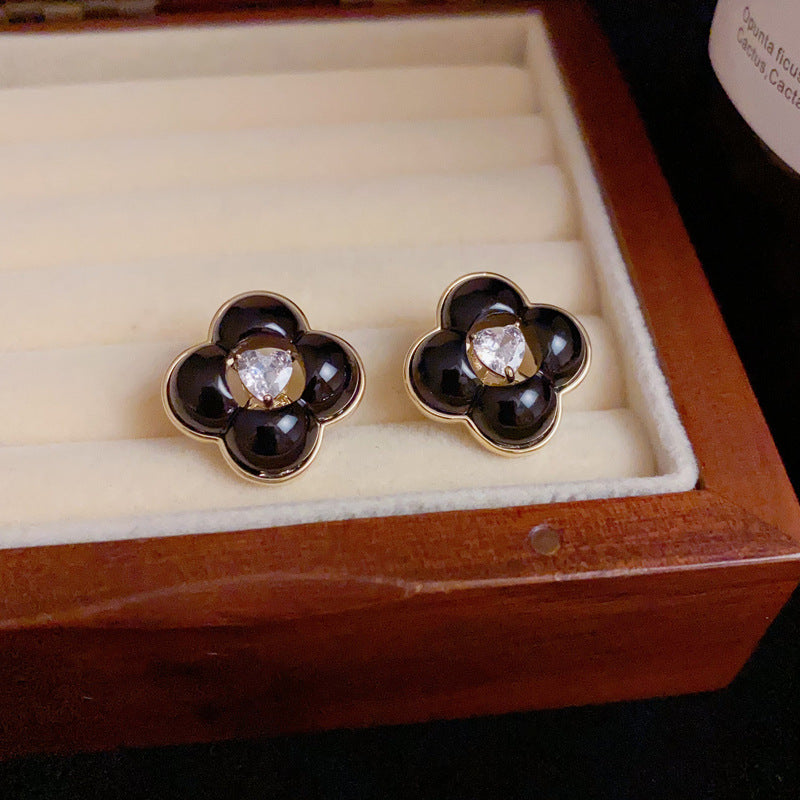 French-Style Zircon Four-Leaf Flower Stud Earrings– S925 Silver Needle